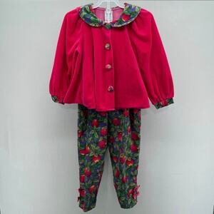 Vintage 90s Mufflings Apples Set Girls 6 Red‎ Velvet Jacket w/ Corduroy Pants